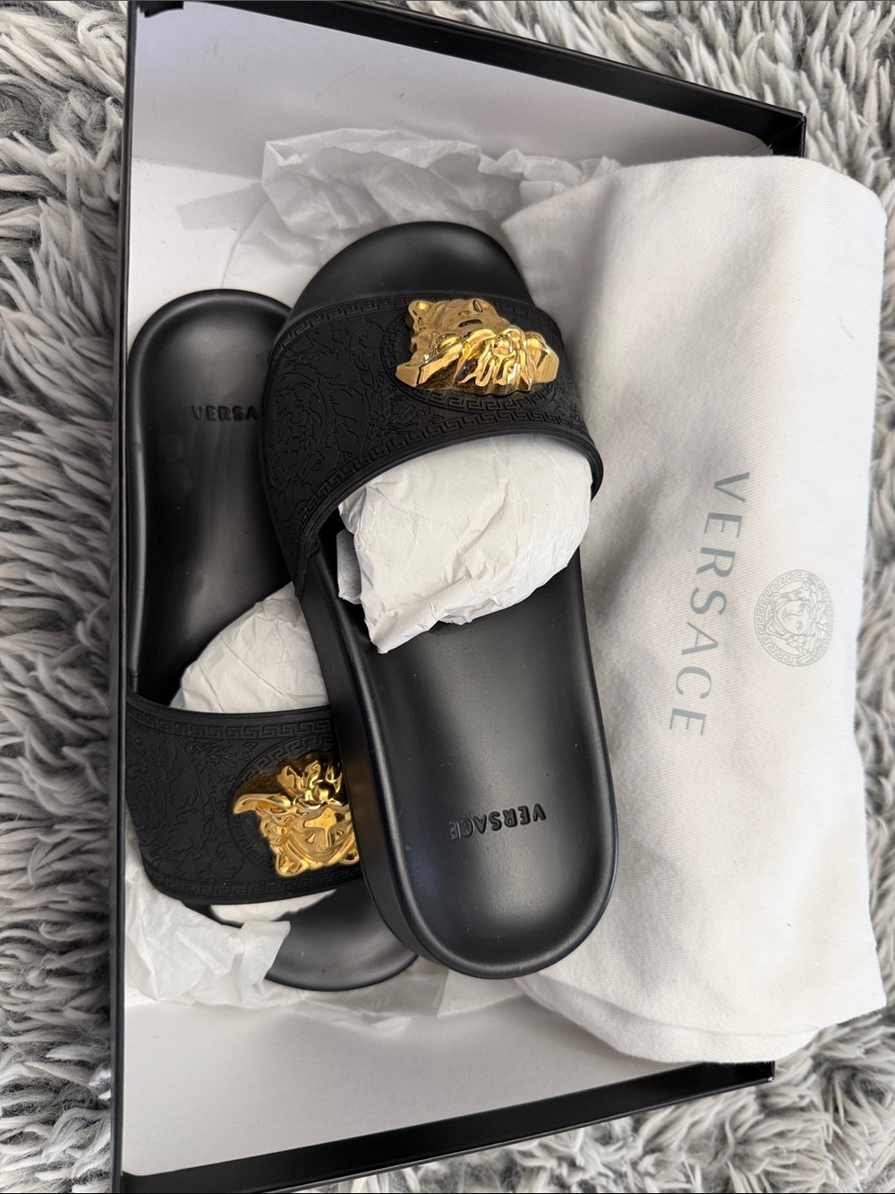 Versace women’s Black Slides with Gold Medusa